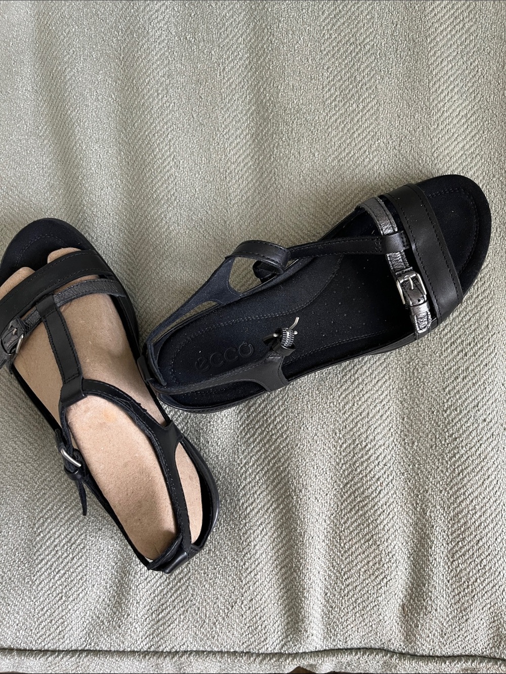 Ecco Black Leather Slingback Sandals with Metallic Accent